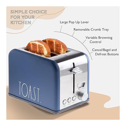  Rae Dunn Toaster, Stainless Steel 2 Slice Square Toaster, Wide Slot with 5 Browning Levels, with Bagel, Defrost and Cancel Options (Navy)