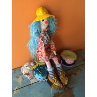 /RaggandboneYard Blue Haired Ragdoll - Recycled Materials Toy - Pretty Hand-Made Clown Doll - OOAK Soft Toy
