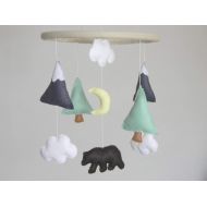 RainbowSmileShop Bear and mountain nursery mobile Baby Crib Mobile Modern Animal Nursery mobile Mountain nursery decor Cloud Cot Mobile Mint Gray: Baby