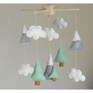 RainbowSmileShop Mountains Baby Mobile, Baby Crib Mobile, Modern Nursery mobile, Felt Mountains and Tree, Mountain nursery decor, Cloud Cot Mobile, Mint Gray: Baby