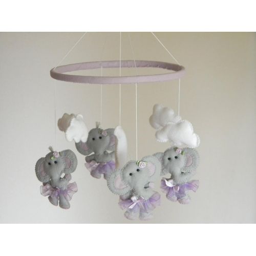  RainbowSmileShop Elephant Baby Crib Mobile, ballerina Cot Mobile, Elephant tutu Nursery Mobile, gray purple lavender nursery decor, lavender nursery bedding