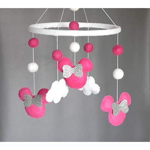  RainbowSmileShop Disney-inspired Minnie mouse Baby Mobile Baby Crib Mobile Modern Nursery mobile Cloud Cot Mobile Baby girl mobile fuchsia colors