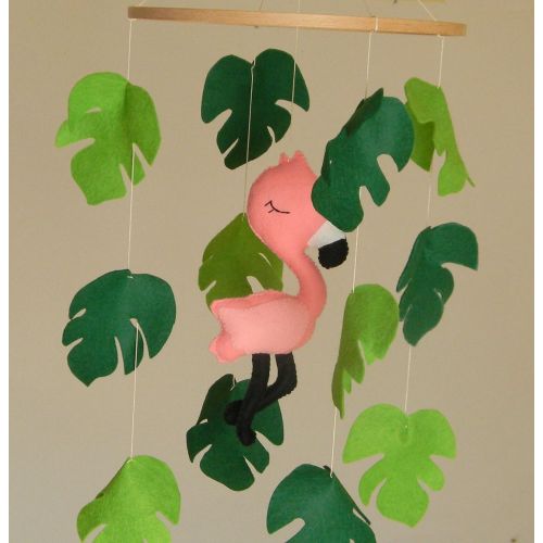  RainbowSmileShop Baby mobile flamingo Tropical baby mobile Baby girl mobile Hawaii nursery mobile Pink crib mobile monstera leaf mobile Tropical Bird