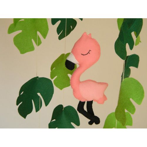  RainbowSmileShop Baby mobile flamingo Tropical baby mobile Baby girl mobile Hawaii nursery mobile Pink crib mobile monstera leaf mobile Tropical Bird