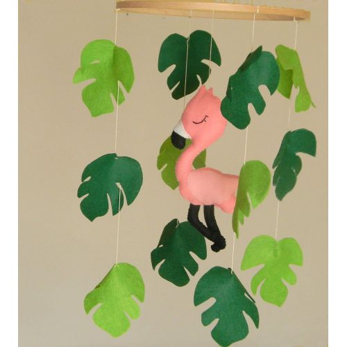  RainbowSmileShop Baby mobile flamingo Tropical baby mobile Baby girl mobile Hawaii nursery mobile Pink crib mobile monstera leaf mobile Tropical Bird