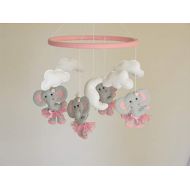 RainbowSmileShop Elephant Baby Crib Mobile, ballerina Cot Mobile, Elephant tutu Nursery Mobile, gray pink nursery decor, pink nursery bedding