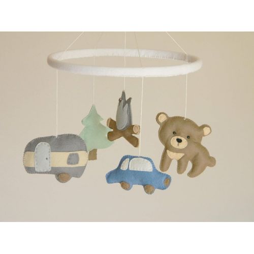  RainbowSmileShop Camping baby mobile, Felt stuffed animals mobile, Woodland baby mobile ,Transportation boy mobile,Travel nursery decor, Felt car bear tree camper