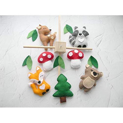  RainbowSmileShop Forest mobile Woodland mobile Baby crib mobile Forest animal mobile Nursery mobile Nature mobile Cot mobile Bear Fox Deer Raccoon felt