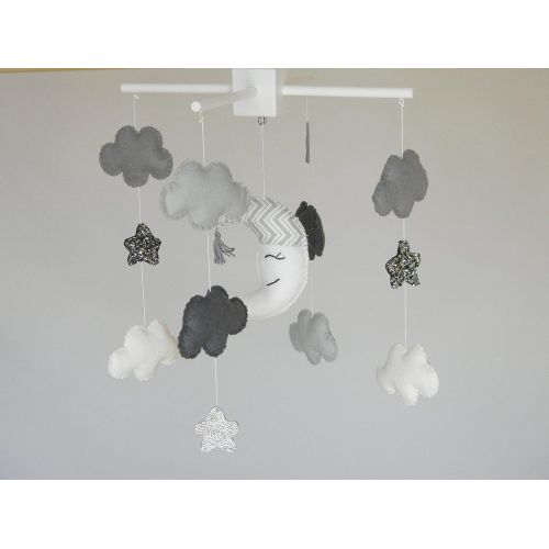  RainbowSmileShop Monochrome Baby Mobile Moon star mobile Monochrome Nursery Decor Clouds crib mobile Scandi nursery Ceiling mobile Grey white black