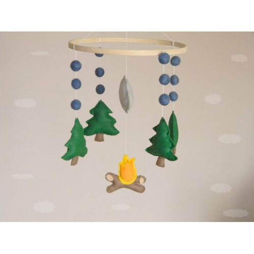  RainbowSmileShop Pine tree baby mobile Camping nursery mobile Woodland baby mobile Cot mobile Hanging crib mobile Boy mobile Girl mobile Felt balls