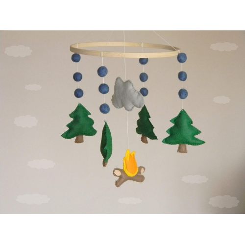  RainbowSmileShop Pine tree baby mobile Camping nursery mobile Woodland baby mobile Cot mobile Hanging crib mobile Boy mobile Girl mobile Felt balls