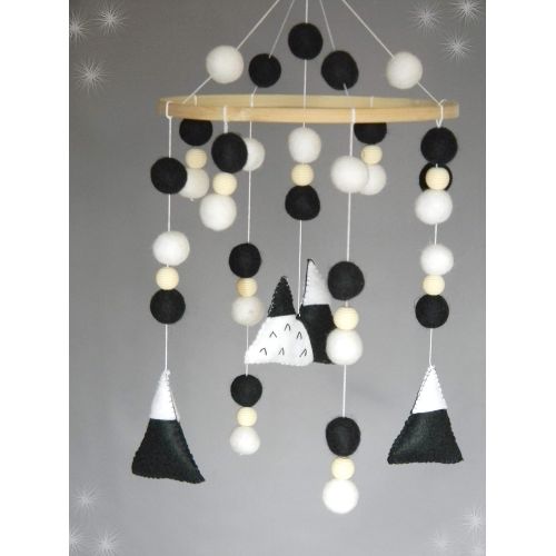  RainbowSmileShop Mountain baby mobile Black and white baby mobile Monochrome Nursery Decor Felt ball nursery mobile Scandinavian Nursery Modern mobile