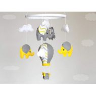 RainbowSmileShop Elephant baby Mobile, Hot Air Balloon mobile, Yellow gray chevron, nursery mobile, Felt fabric mobile,