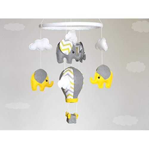  RainbowSmileShop Elephant baby Mobile, Hot Air Balloon mobile, Yellow gray chevron, nursery mobile, Felt fabric mobile,