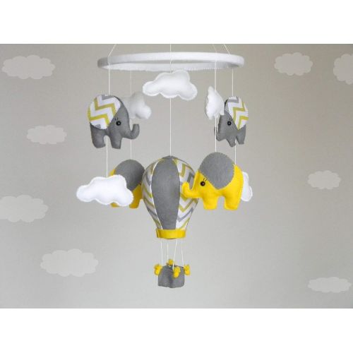  RainbowSmileShop Elephant baby Mobile, Hot Air Balloon mobile, Yellow gray chevron, nursery mobile, Felt fabric mobile,
