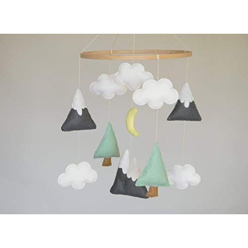  RainbowSmileShop Mountains Baby Mobile, Baby Crib Mobile, Modern Nursery mobile, Felt Mountains and Tree, Mountain nursery decor, Cloud Cot Mobile, Mint Gray