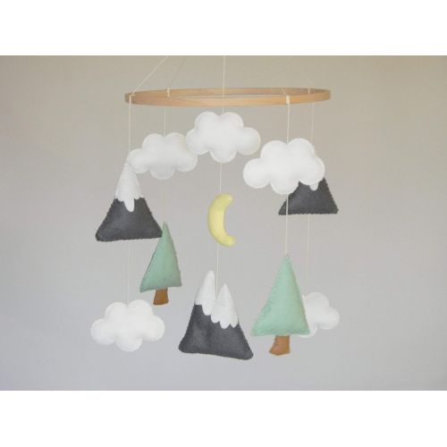  RainbowSmileShop Mountains Baby Mobile, Baby Crib Mobile, Modern Nursery mobile, Felt Mountains and Tree, Mountain nursery decor, Cloud Cot Mobile, Mint Gray