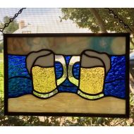 Raindropglass 2 Glass of Beer on the Beach Stained Glass Panel Suncatcher