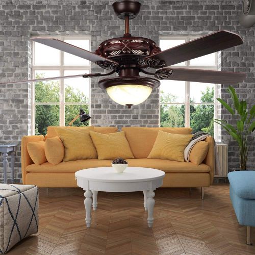  RainierLight Antique Ceiling Fan Lamp 52 Inch 5 Wood Blades LED Dimmable Light(Yellow,Warm,White Light) Remote Control for IndoorBedroomLiving Room Mute Energy Saving Fan Home De