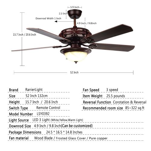  RainierLight Antique Ceiling Fan Lamp 52 Inch 5 Wood Blades LED Dimmable Light(Yellow,Warm,White Light) Remote Control for IndoorBedroomLiving Room Mute Energy Saving Fan Home De