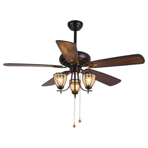  RainierLight Rustic 52 inch Ceiling Fan Lamp 3 Cryatal Light Kit 5 Wood Blade Remote Control Led Light Chandelier for BedroomLiving Room Mute Energy Saving Fan