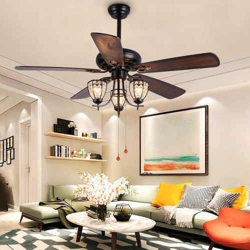  RainierLight Rustic 52 inch Ceiling Fan Lamp 3 Cryatal Light Kit 5 Wood Blade Remote Control Led Light Chandelier for BedroomLiving Room Mute Energy Saving Fan