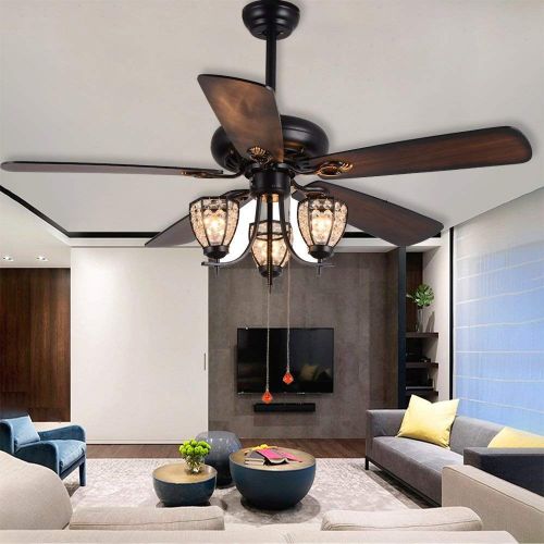  RainierLight Rustic 52 inch Ceiling Fan Lamp 3 Cryatal Light Kit 5 Wood Blade Remote Control Led Light Chandelier for BedroomLiving Room Mute Energy Saving Fan