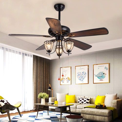  RainierLight Rustic 52 inch Ceiling Fan Lamp 3 Cryatal Light Kit 5 Wood Blade Remote Control Led Light Chandelier for BedroomLiving Room Mute Energy Saving Fan