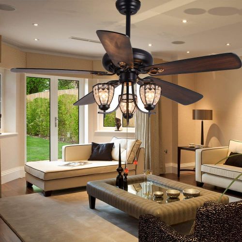  RainierLight Rustic 52 inch Ceiling Fan Lamp 3 Cryatal Light Kit 5 Wood Blade Remote Control Led Light Chandelier for BedroomLiving Room Mute Energy Saving Fan