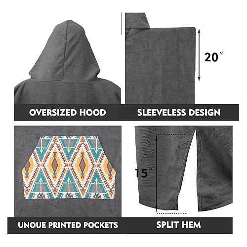  Rainleaf Surf Poncho Changing Towel Quick Dry Pool Swim Beach Towel with Hood and Front Pocket Warm and Soft Microfiber RobeTowel for Women and Men Gray Geometric Pocket