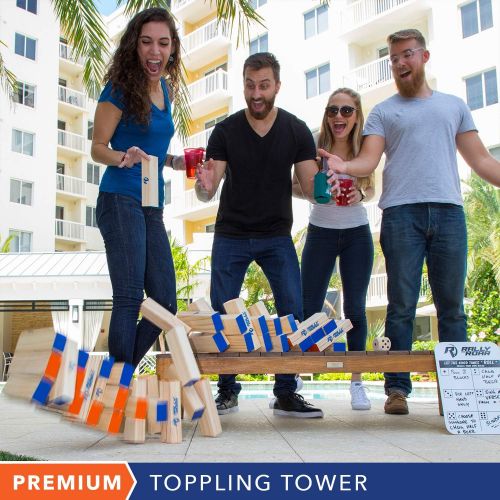  [아마존베스트]Rally and Roar Toppling Tower Giant Tumbling Timbers Game 2.5 feet Tall (Build to Over 5 feet) Classic Wood Version - for Adults, Kids, Family  Stacking Blocks Set w/Canvas Bag