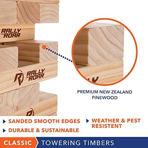  Rally and Roar Toppling Tower - Giant Tumbling Timbers Game  2.5 feet Tall (Build to Over 5 feet) Premium Wood Version - for Adults, Family