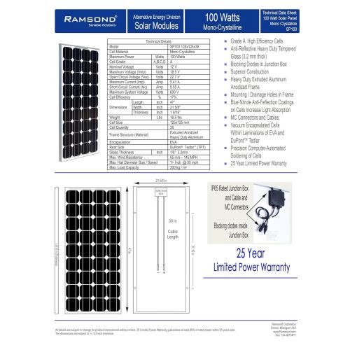  Ramsond 100 Watt 100w W Monocrystalline Photovoltaic PV Solar Panel Module 12V Battery Charging