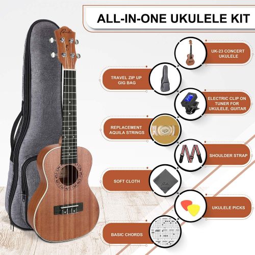  Ranch Concert Ukulele 23 inch Professional Wooden Ukelele Kit with Free Online Lessons, Gig Bag, Tuner, Strap, Aquila Strings Set, Small Starter Hawaiian Guitar Instrument Bundle,