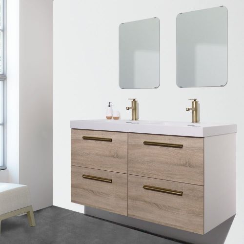  Randalco 48 inch Double Bathroom Vanity Cabinet Set | Floating Vanity + Ceramic Bathroom Sink + 2 Wall Mirrors | Walnut Wood Look Finish | 48 x 24 x 18