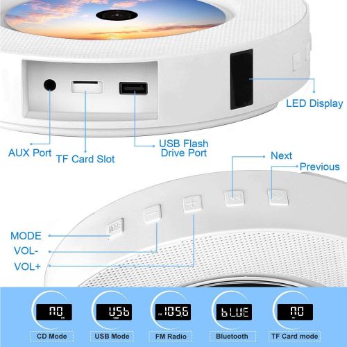  [아마존베스트]Ranipobo Portable CD Player with Bluetooth, FM Radio, Wall Mounted CD Music Player with IR Remote Control, Built-in HiFi Speakers, Support CD, USB, TF, AUX Input, Home Decor