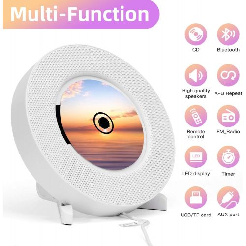  [아마존베스트]Ranipobo Portable CD Player with Bluetooth, FM Radio, Wall Mounted CD Music Player with IR Remote Control, Built-in HiFi Speakers, Support CD, USB, TF, AUX Input, Home Decor