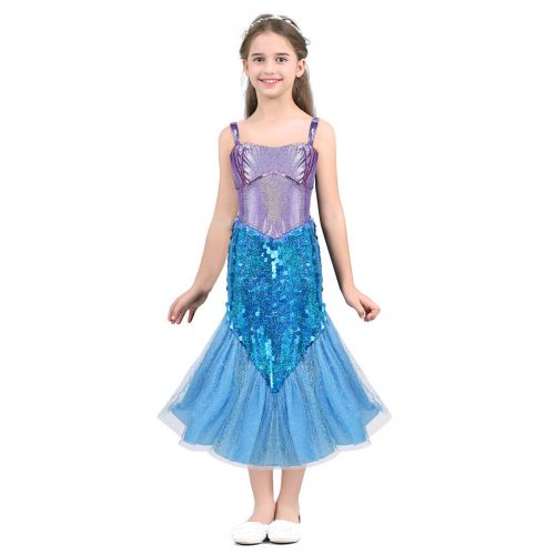  Ranrann ranrann Girls Princess Glittery Sequins Mermaid Dress Halloween Carnival Cosplay Party Costume Lavender&Sky Blue 7-8