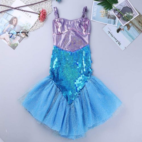  Ranrann ranrann Girls Princess Glittery Sequins Mermaid Dress Halloween Carnival Cosplay Party Costume Lavender&Sky Blue 7-8