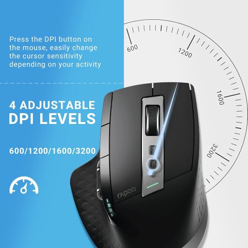  RAPOO Multi-Device Bluetooth Mouse for Laptop, Wireless Mouse Connect Up to 4 Devices, 4 Adjustable DPI, Rechargeable Ergonomic Mouse with Side Wheel, Laser Mouse for Computer MacB