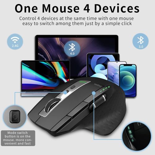  RAPOO Multi-Device Bluetooth Mouse for Laptop, Wireless Mouse Connect Up to 4 Devices, 4 Adjustable DPI, Rechargeable Ergonomic Mouse with Side Wheel, Laser Mouse for Computer MacB