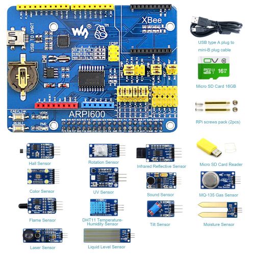  CQRobot Raspberry Pi DIY Open Source Electronic Hardware Kits(CQ-D), Compatible with Raspberry Pi A+B+2B3B, Supports Arduino, Includes Expansion Board ARPI600+Color Sensor+Flame Sensor+