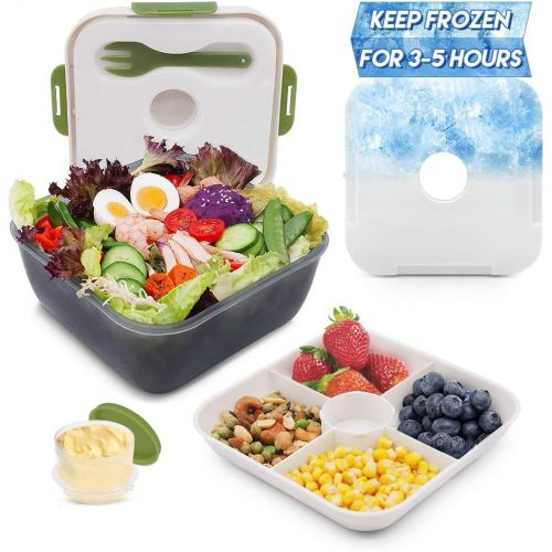  [아마존베스트]Rassody 74 OZ Salad Container To Go for Lunch with Ice Pack, Dressing Cup and 4 Compartments for Salads Toppings, Snacks, Fruits, Built-In Fork, Large Mixing Bowl, Leak-Proof, Reus