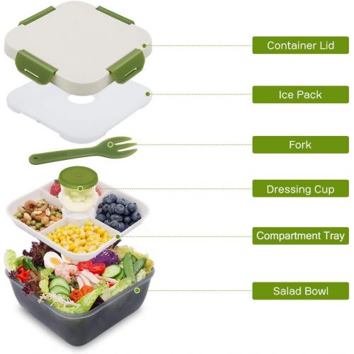  [아마존베스트]Rassody 74 OZ Salad Container To Go for Lunch with Ice Pack, Dressing Cup and 4 Compartments for Salads Toppings, Snacks, Fruits, Built-In Fork, Large Mixing Bowl, Leak-Proof, Reus