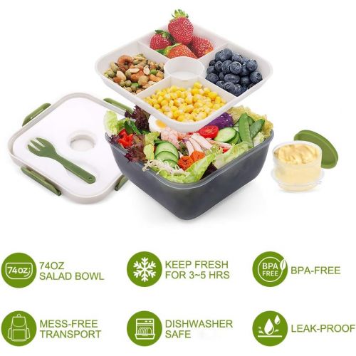  [아마존베스트]Rassody 74 OZ Salad Container To Go for Lunch with Ice Pack, Dressing Cup and 4 Compartments for Salads Toppings, Snacks, Fruits, Built-In Fork, Large Mixing Bowl, Leak-Proof, Reus