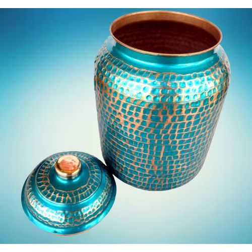  [아마존베스트]Rastogi Handicrafts pure copper Hammered water storage Tank Blue pot 4 liter capacity with Tumble and Copper Bottle