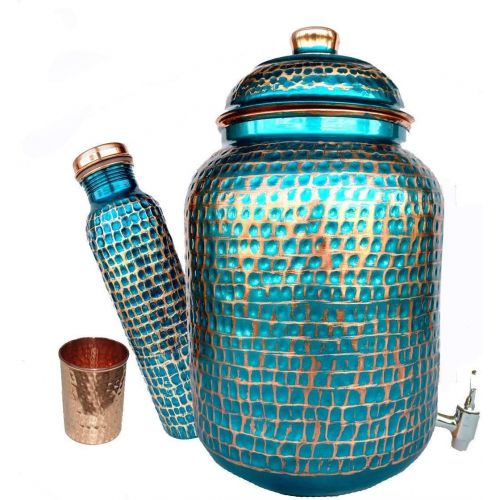  [아마존베스트]Rastogi Handicrafts pure copper Hammered water storage Tank Blue pot 4 liter capacity with Tumble and Copper Bottle