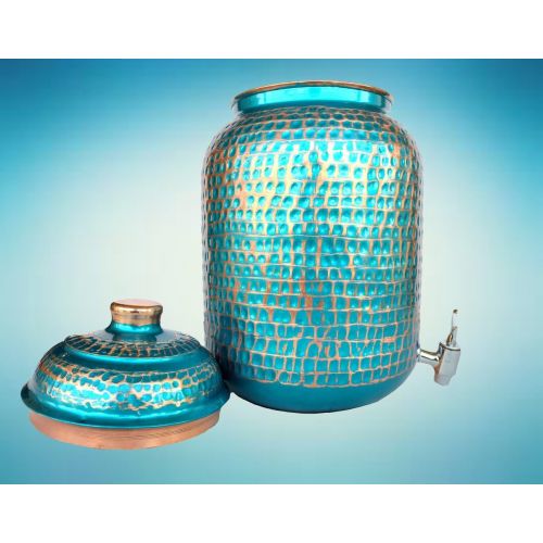  [아마존베스트]Rastogi Handicrafts pure copper Hammered water storage Tank Blue pot 4 liter capacity with Tumble and Copper Bottle