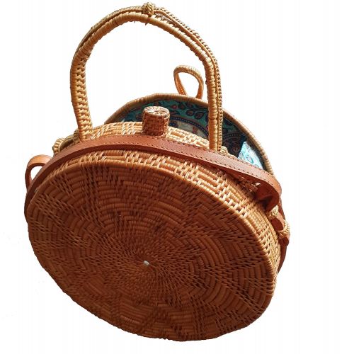  Rattan Nation - Handwoven Round Rattan Bag (Flower Weave Ribbon Closure with Handle)