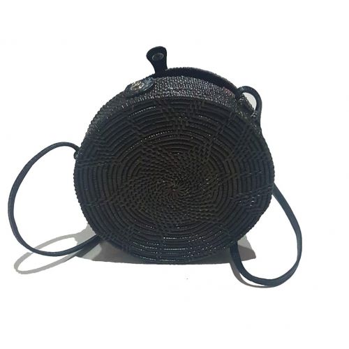  Rattan Nation - Black Round Rattan Bag (Flower Weave Leather Closure), Straw Bag